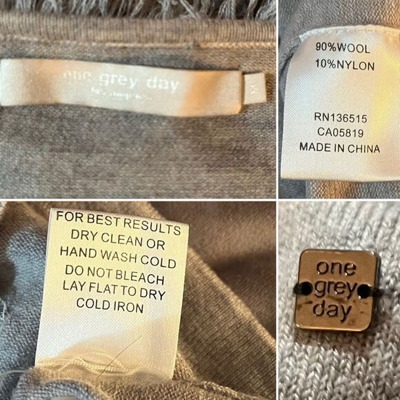 One Grey Day Long Sleeve VNeck Fringe Trim Wool Blend Sweater Lightweight Gray M - Picture 11 of 11